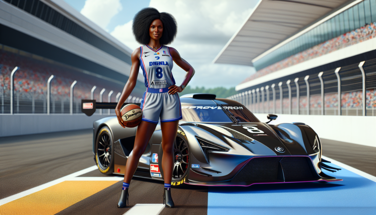 alt_text: A WNBA player stands confidently beside a high-performance race car on a racetrack.