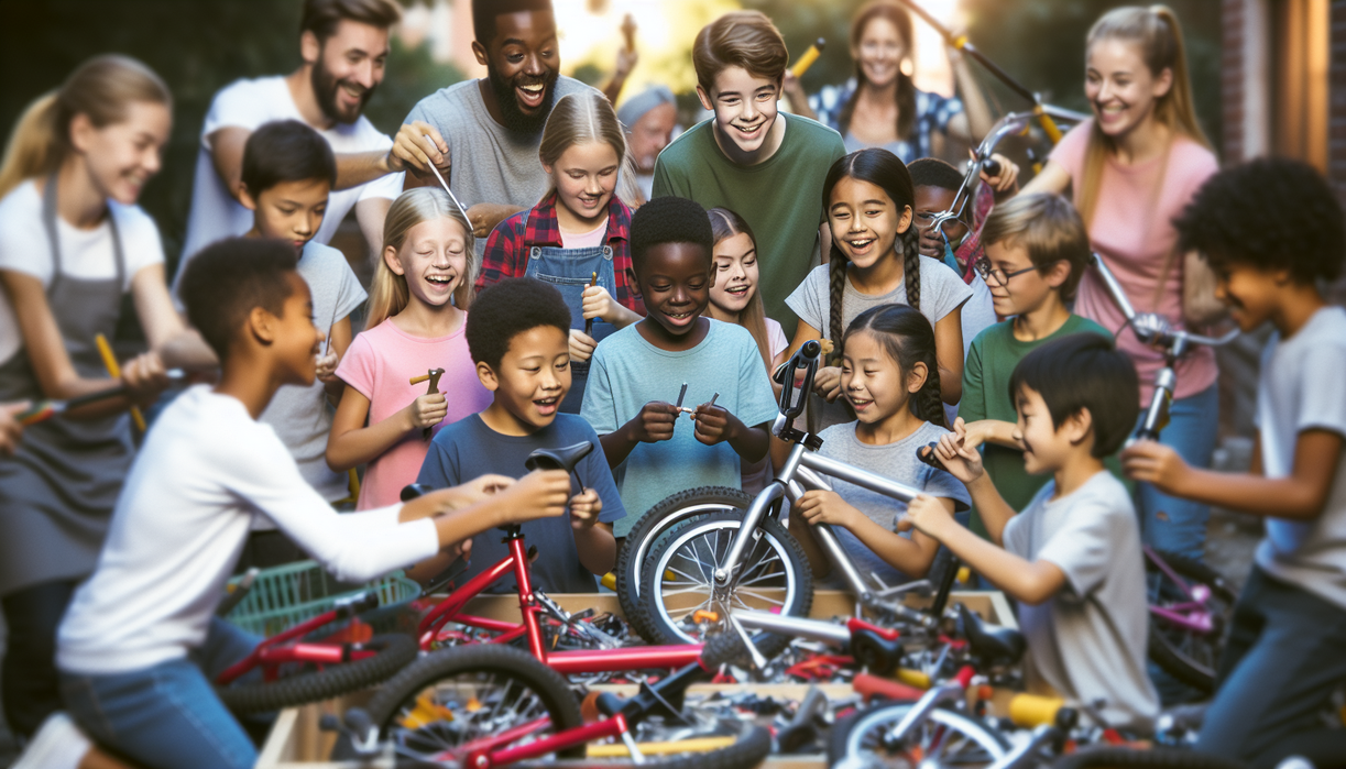 alt_text: Children assemble bikes together, smiling for a feel-good community project to help others.