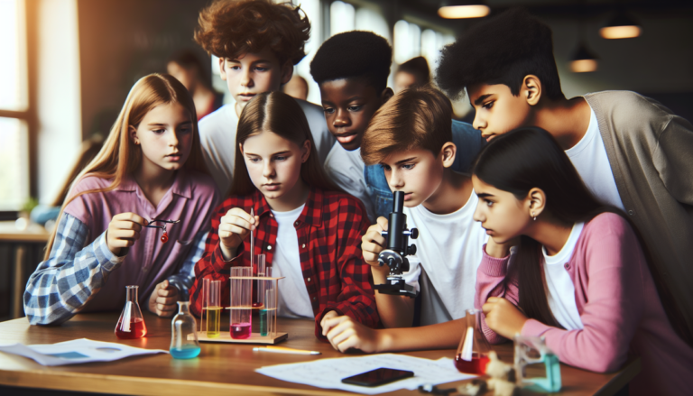 alt_text: Young students engaged in a science experiment, collaborating and exploring new ideas.