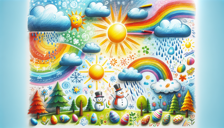 "alt_text": Kids' colorful weather drawings feature sunny forecasts and holiday-themed elements.