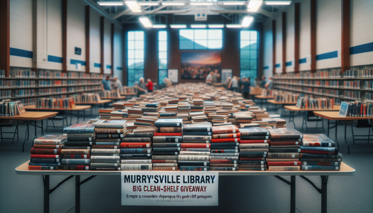 alt_text: Murrysville Library hosts a Big Clean-Shelf Giveaway with books displayed on tables.
