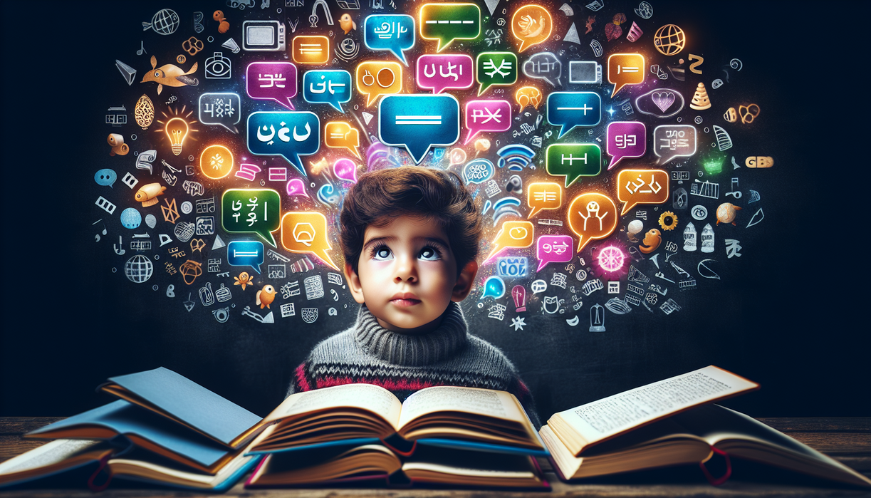 alt_text: A child with books and speech bubbles in different languages, symbolizing multilingual learning.