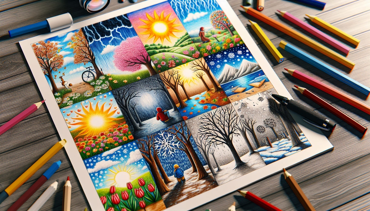 alt_text: Student drawings illustrate four seasons with weather changes and colorful scenes.
