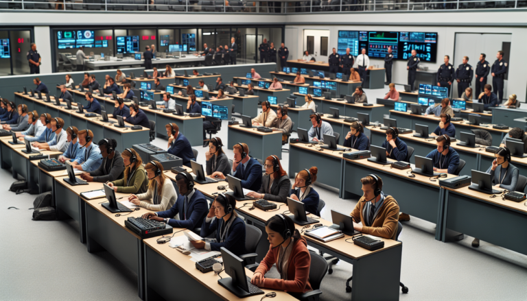 alt_text: Students in St. Louis learn to handle 911 calls, sitting behind communication headsets.