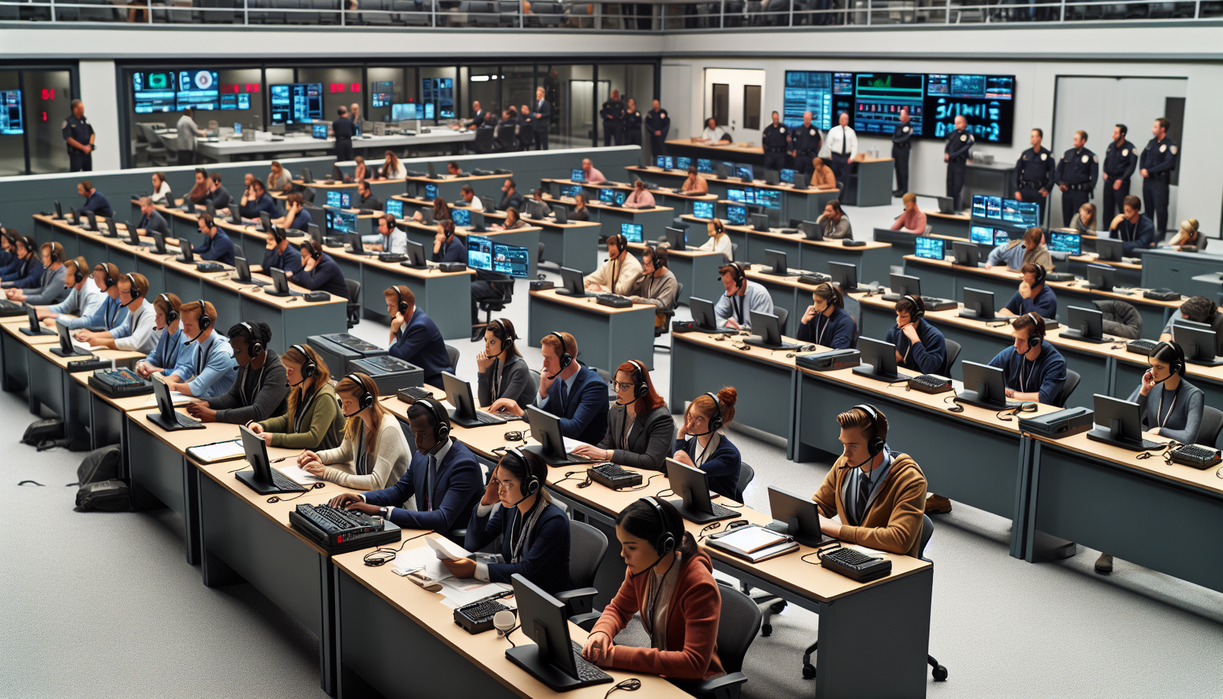 alt_text: Students in St. Louis learn to handle 911 calls, sitting behind communication headsets.