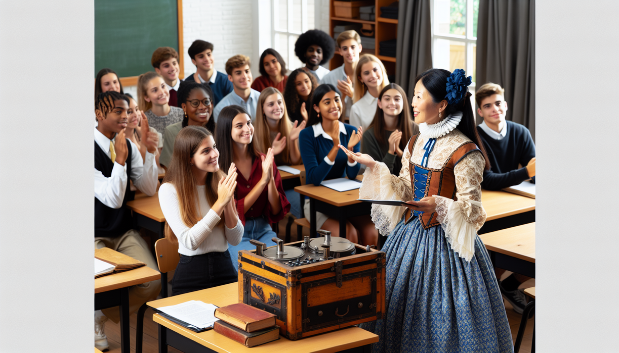 alt_text: A presenter in period costume teaches history to an engaged audience in a classroom setting.