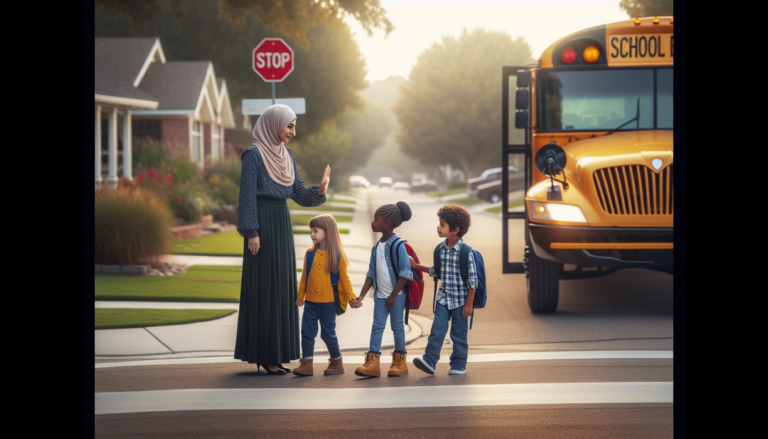 alt_text: School bus crossing guard ensures children's safety as they board the bus in the morning.