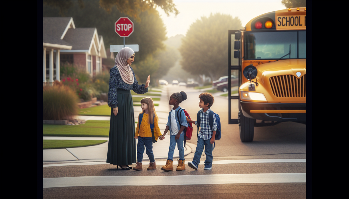 alt_text: School bus crossing guard ensures children's safety as they board the bus in the morning.