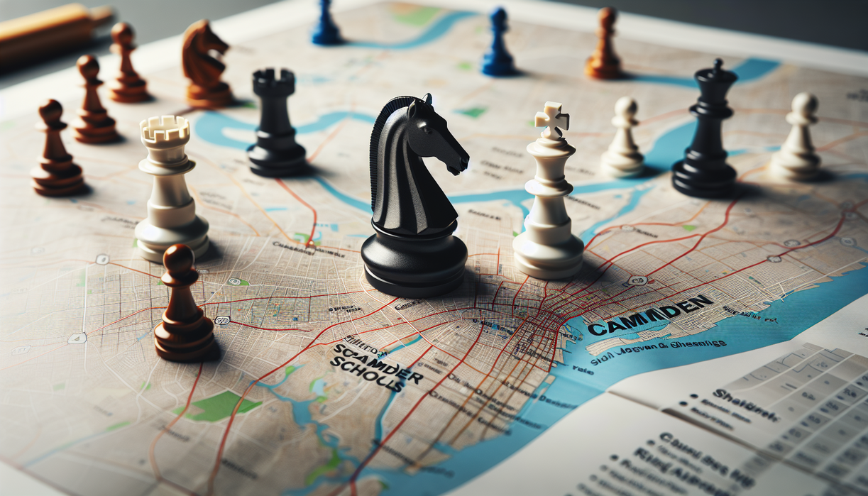 alt_text: A symbolic chess piece on a map of Camden, representing strategic decisions for schools.