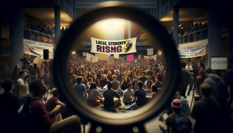 alt_text: Students gather on campus under a banner reading "Local Students Rising" for a news event.