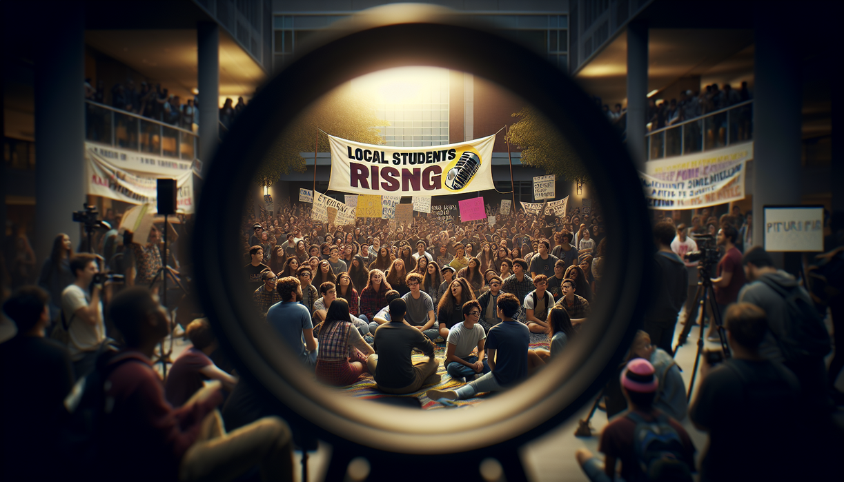 alt_text: Students gather on campus under a banner reading "Local Students Rising" for a news event.
