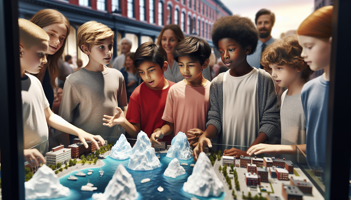 alt_text: Children examining model icebergs in a town exhibit, sparking curiosity and exploration.
