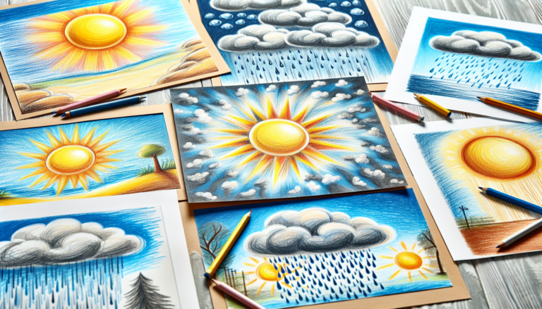 alt_text: Children's colorful drawings depicting sunny skies and rainstorms, bringing weather forecasts to life.