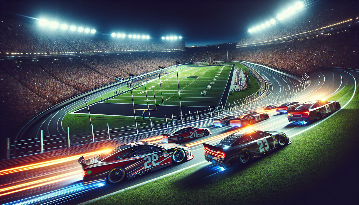 alt_text: Race cars speed by a football field, merging motorsports with gridiron intensity in the finale.