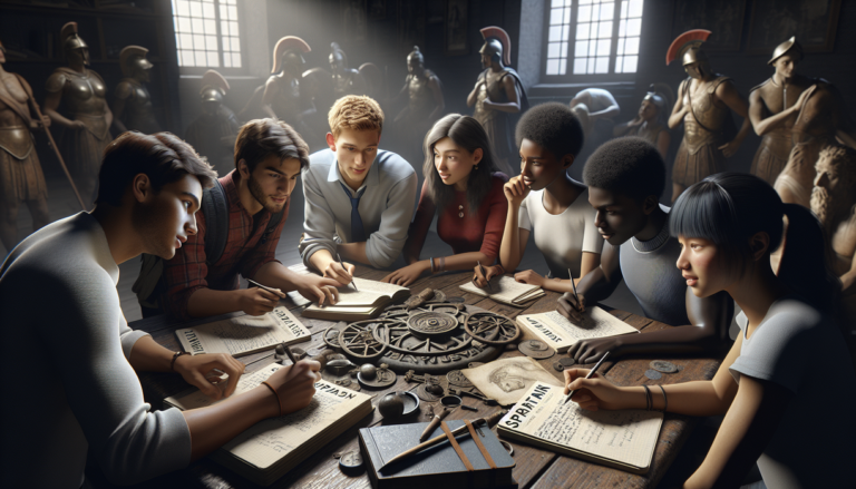 alt_text: Students enthusiastic about Spartan history engage in hands-on learning with historical artifacts.