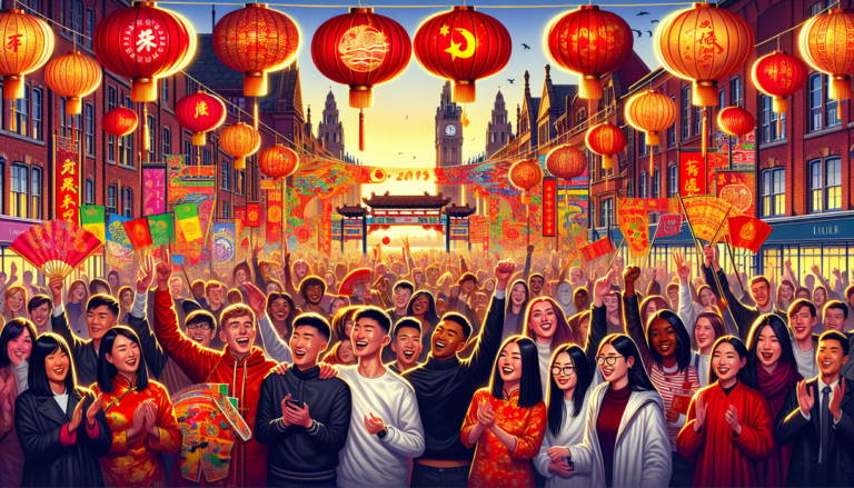 alt_text: Festive decorations and lanterns light up Liverpool streets for Lunar New Year celebrations.