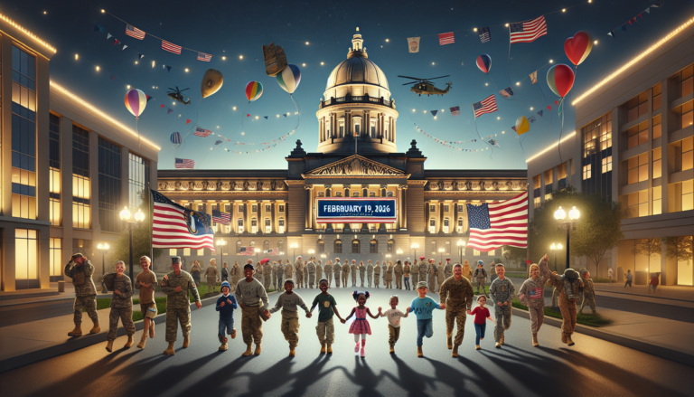 alt_text: Ceremony in Frankfort celebrating children of military families with flags and decorations.