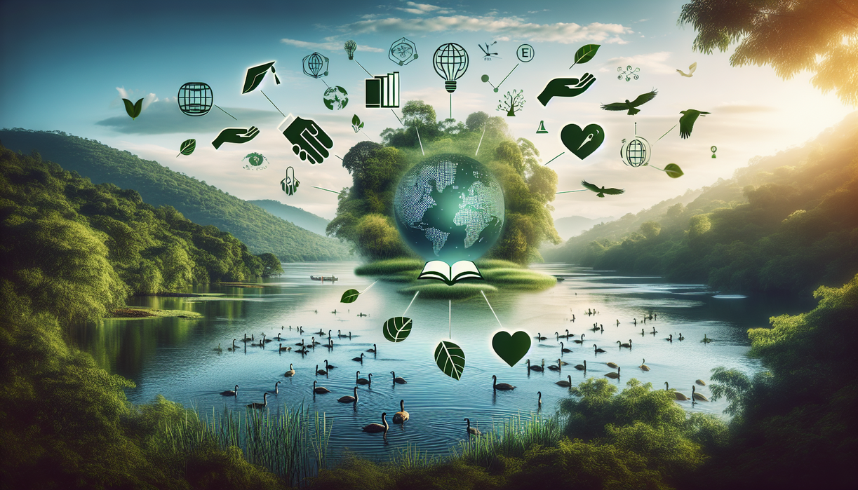 alt_text: Illustrated earth surrounded by eco-friendly icons like trees, solar panels, and wind turbines.