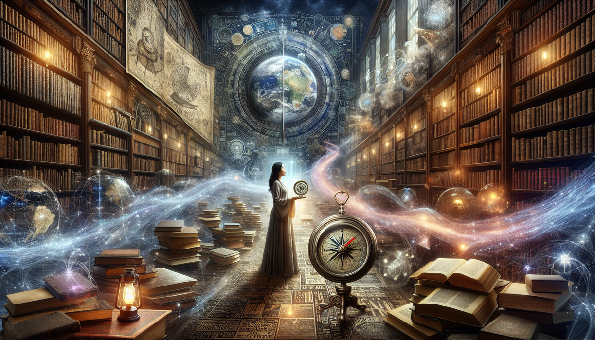 alt_text: "Scales balancing 'Opinion' and 'Truth' in a complex, swirling backdrop."