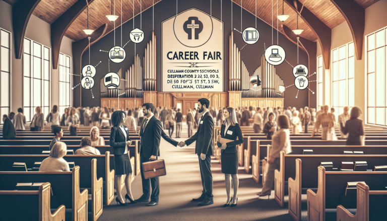 "alt_text": "Desperation Church Career Fair: visitors explore job opportunities at various booths."