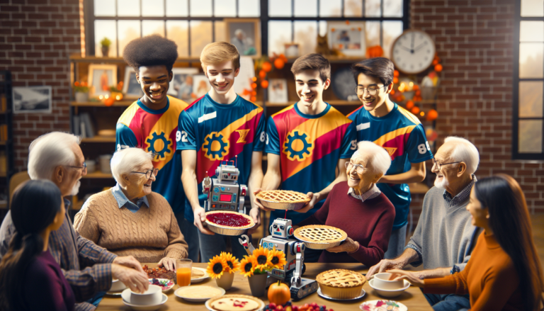 alt_text: Robot baking pies in a kitchen, emphasizing technology's role in culinary creativity.