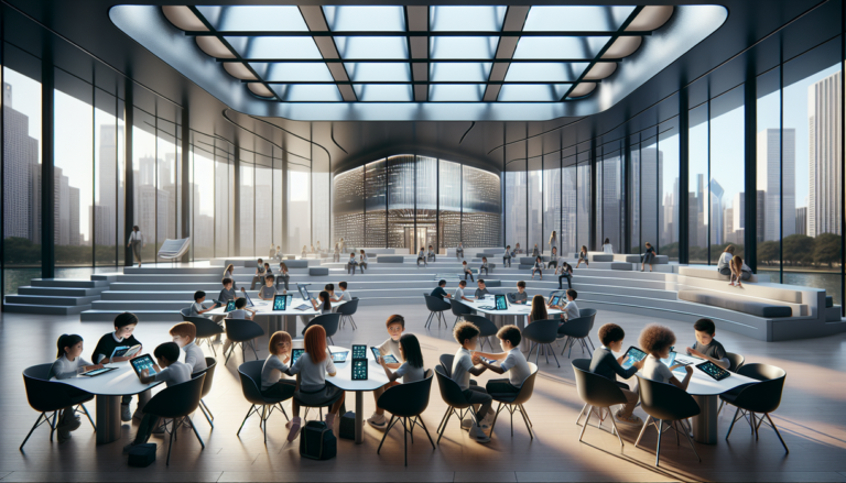 alt_text: Futuristic classroom in Chicago, with students using AI technology for personalized learning.