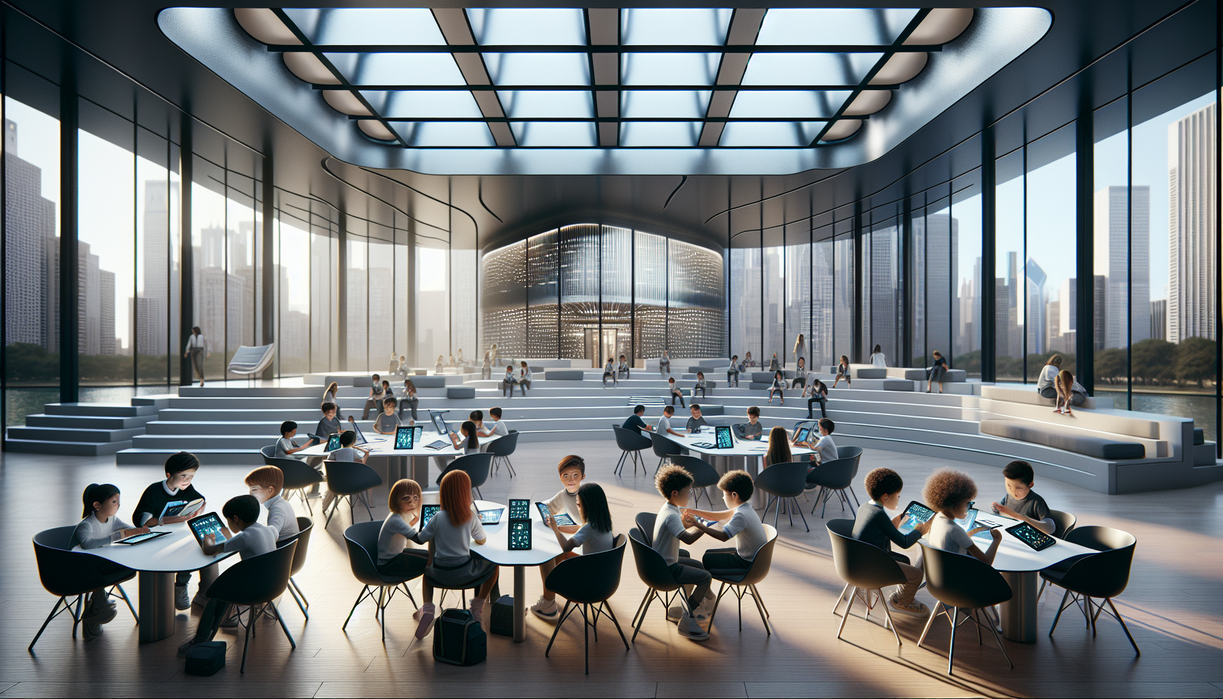 alt_text: Futuristic classroom in Chicago, with students using AI technology for personalized learning.