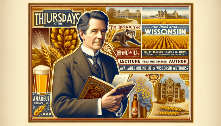 alt_text: Vintage beer poster with classic logos and historical references titled "Beer Stories at the U."