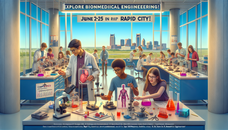 alt_text: "Camp BioMed Rapid City: Future Med Makers banner with scientific symbols and vibrant colors."