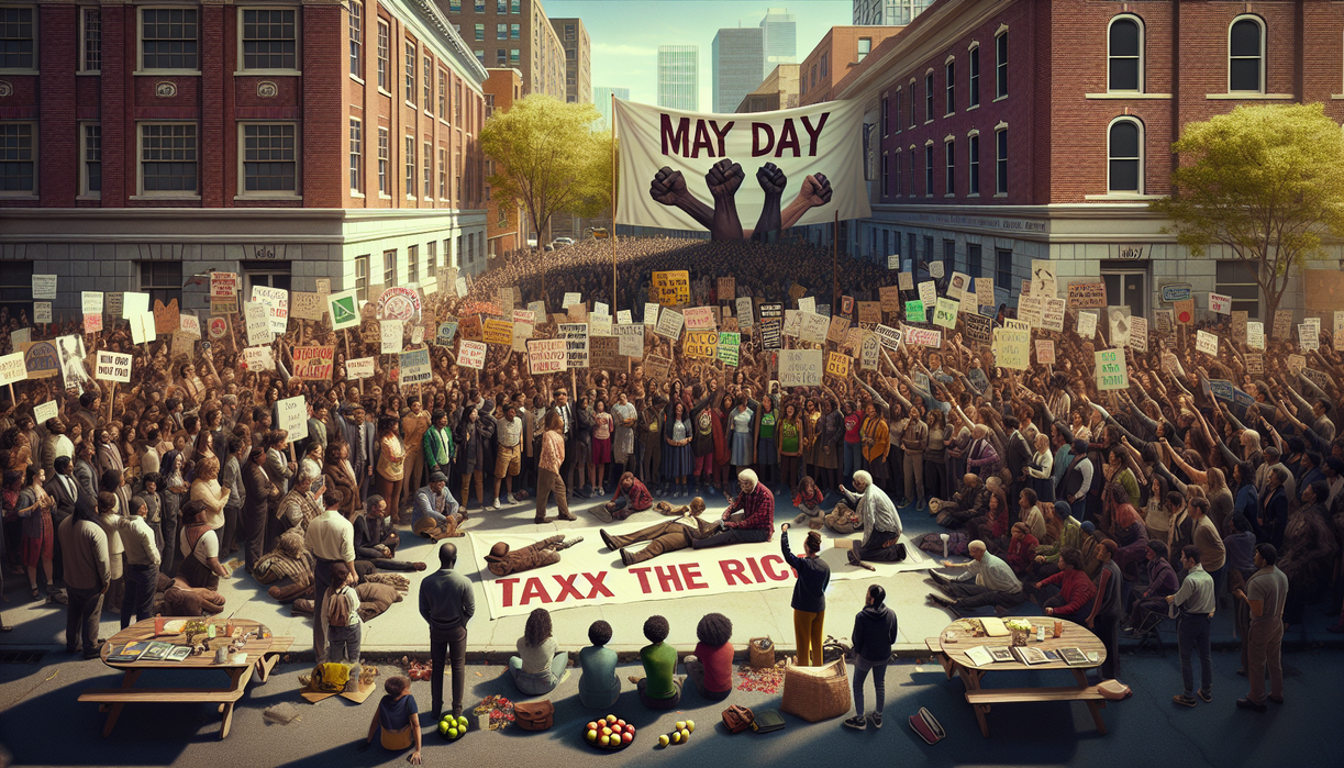 alt_text: Workers march with banners on May Day, celebrating union strength and solidarity.