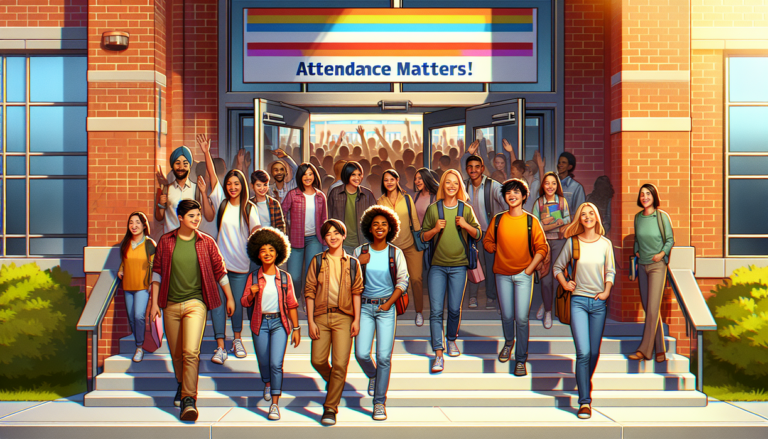 alt_text: Students gather excitedly around a school entrance decorated with colorful banners and balloons.