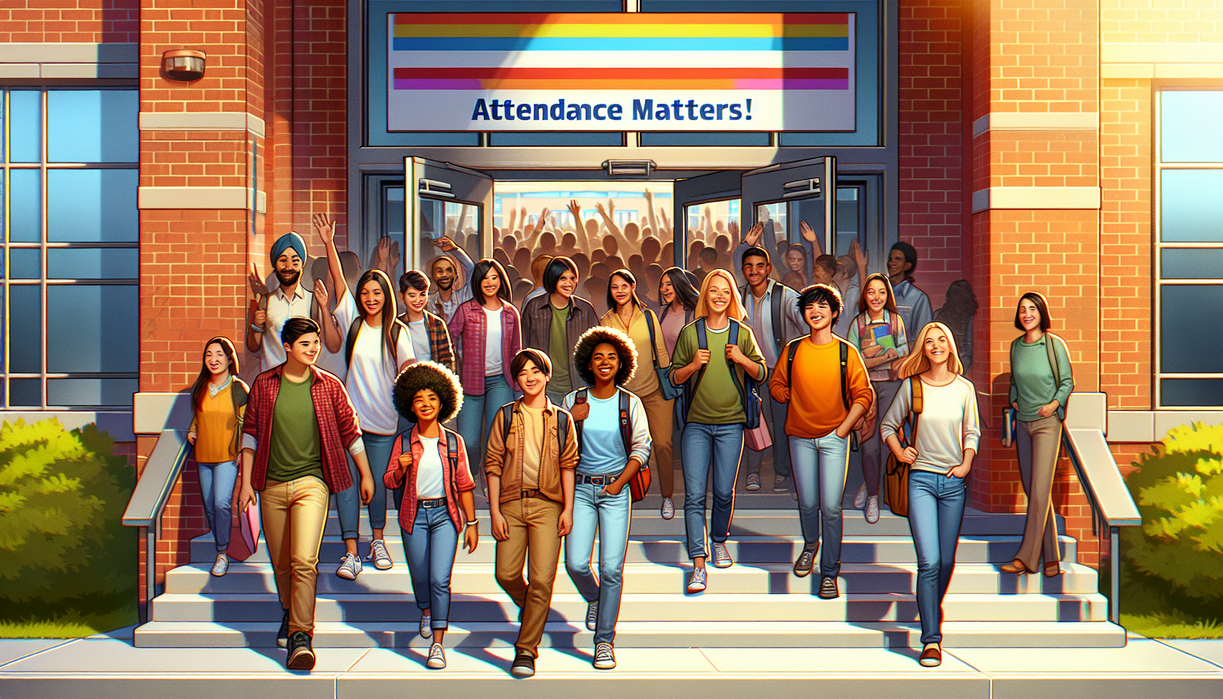 alt_text: Students gather excitedly around a school entrance decorated with colorful banners and balloons.