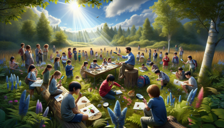 "alt_text": "Children learning outdoors in a nature preschool, exploring and engaging with the environment."