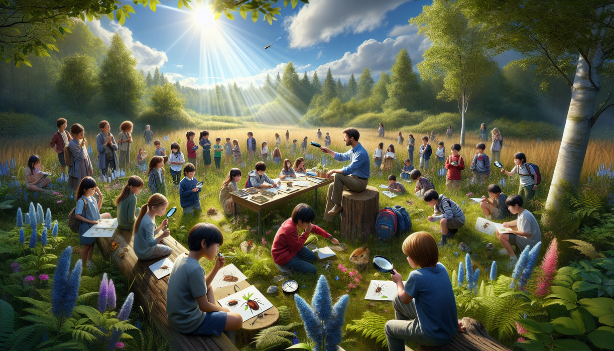 "alt_text": "Children learning outdoors in a nature preschool, exploring and engaging with the environment."