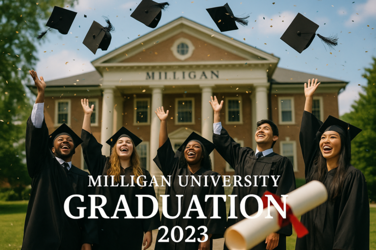 alt_text: Milligan graduates dressed in caps and gowns, celebrating their achievement together.