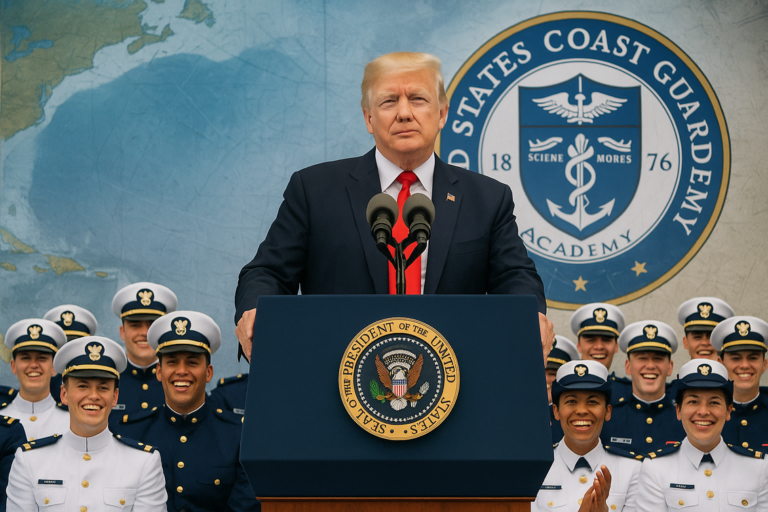 alt_text: Trump speaking at a Coast Guard Academy graduation ceremony with graduates in uniform.