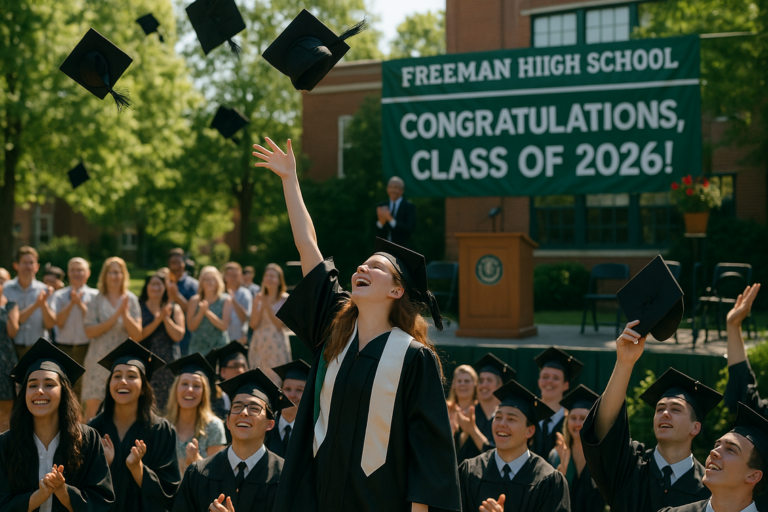 alt_text: Students wave goodbye outside Freeman High School at sunset, holding banners and balloons.