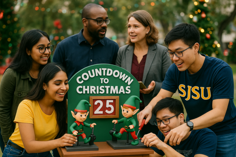 alt_text: Festive park scene with students using magic to transform trees into glowing Christmas wonders.