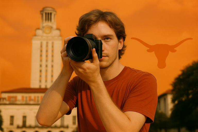 **alt_text**: Students taking photos of a university campus, capturing its architecture and scenery.